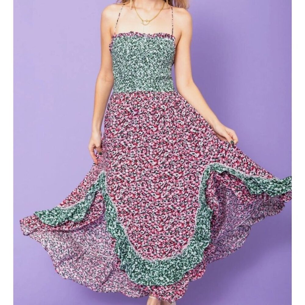 Free People One I Love Midi Dress Classic Combo Blue Red Floral Size XS